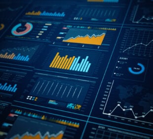 A digital dashboard displaying multiple charts and graphs with blue and orange data visualizations representing analytics and performance metrics.