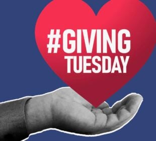 Illustration of a hand holding a red heart imprinted with the words "Giving Tuesday."