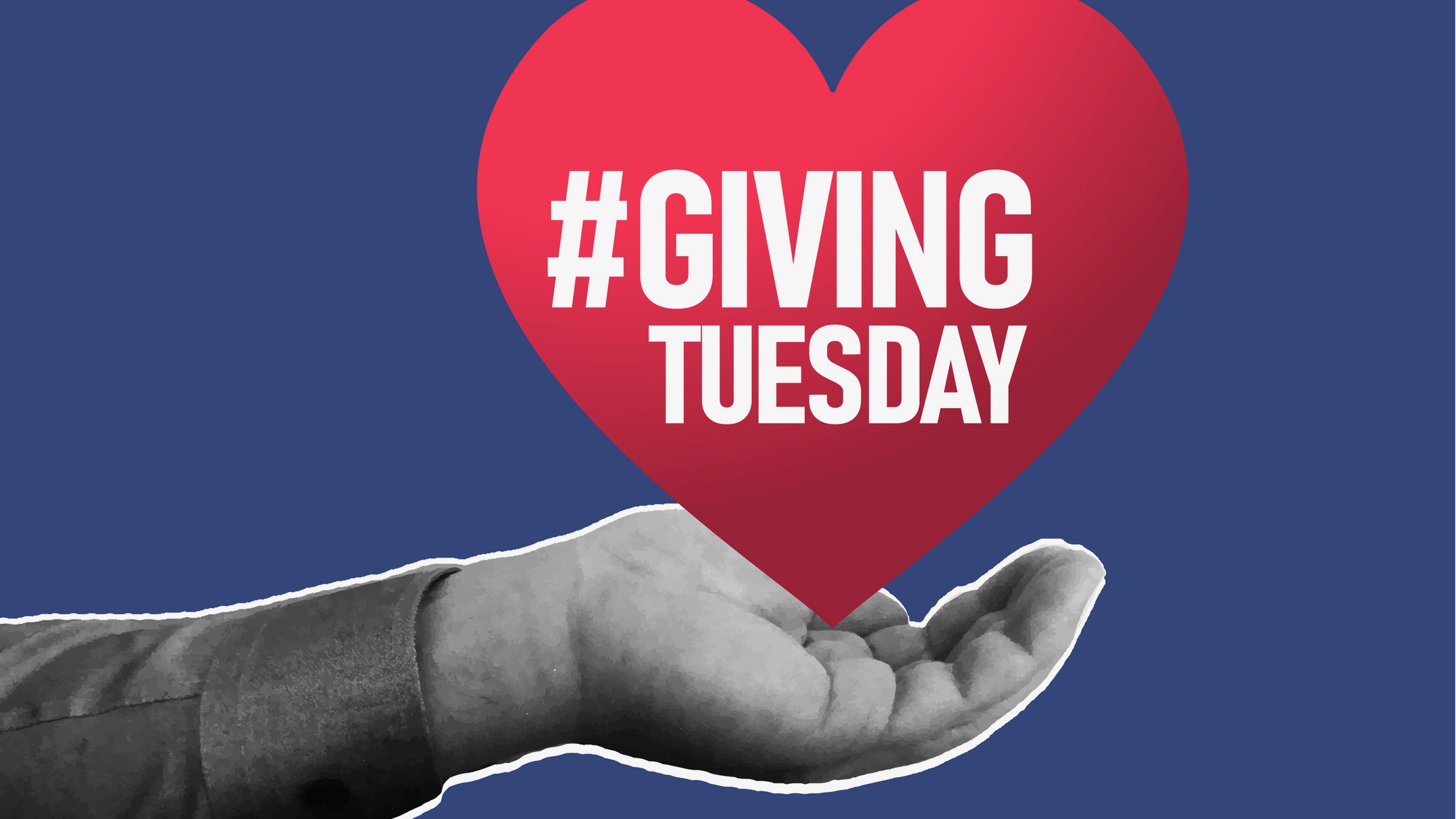Illustration of a hand holding a red heart imprinted with the words "Giving Tuesday."