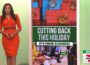 Television anchor Jasmine Anderson stands next to an image of holiday gifts and a store's checkout.