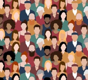 Illustration of a large, diverse crowd of people shown in a repeating pattern. Figures are depicted in a flat, faceless style with varied skin tones, hairstyles, ages, and clothing colors, creating a sense of community and representation.