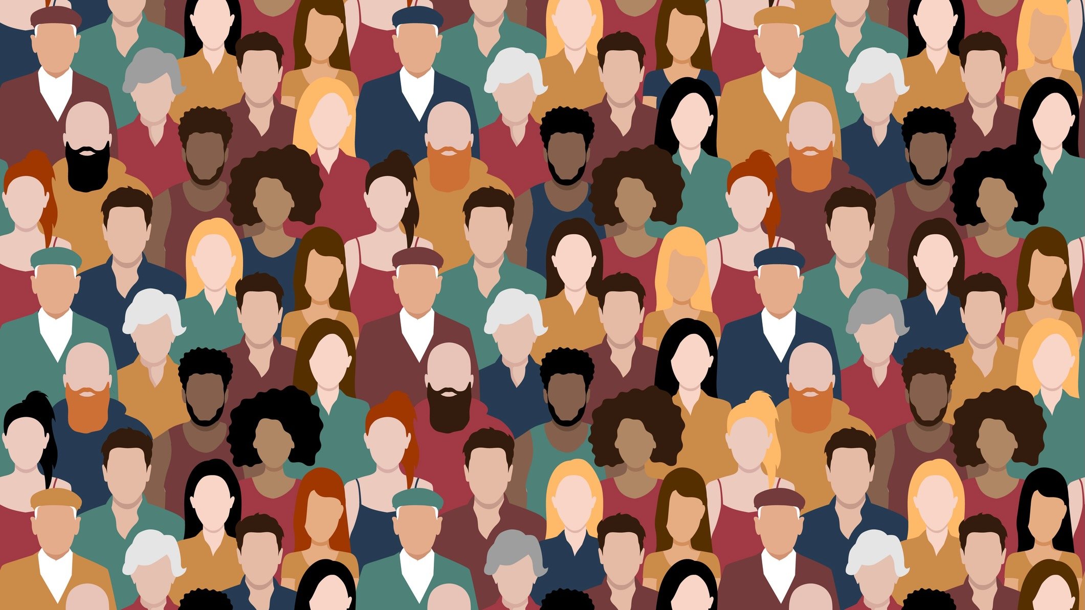 Illustration of a large, diverse crowd of people shown in a repeating pattern. Figures are depicted in a flat, faceless style with varied skin tones, hairstyles, ages, and clothing colors, creating a sense of community and representation.