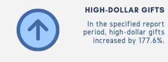 A blue circular icon with an upward-pointing arrow. Text reads: “High-dollar gifts. In the specified report period, high-dollar gifts increased by 177.6%.”