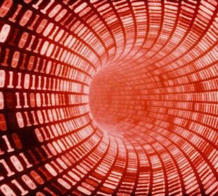 Conceptual image of a red tunnel of digital binary code