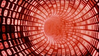 Conceptual image of a red tunnel of digital binary code