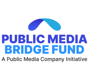 Logo for the Public Media Bridge Fund featuring a stylized curved bridge icon in two shades of blue above the words “Public Media Bridge Fund” in bold blue lettering on a black background, with the tagline “A Public Media Company Initiative” in smaller text below.