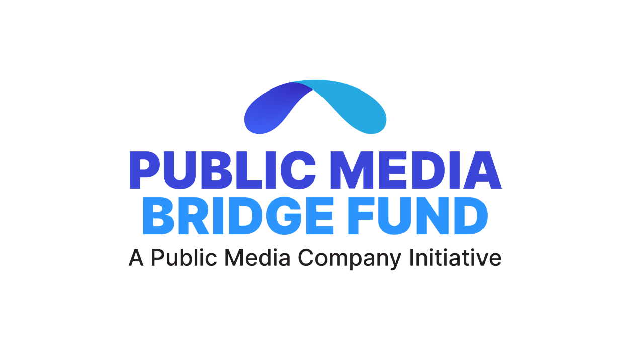 Logo for the Public Media Bridge Fund featuring a stylized curved bridge icon in two shades of blue above the words “Public Media Bridge Fund” in bold blue lettering on a black background, with the tagline “A Public Media Company Initiative” in smaller text below.