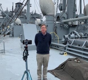 Johns Hopkins, director of Baltimore Heritage, on board the S.S. John W. Brown Liberty Ship.