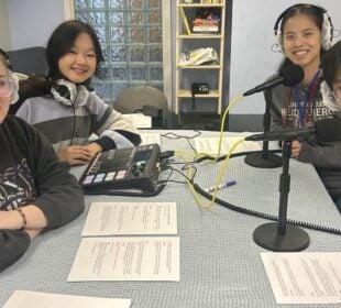 Four members of WHRO student advisory board record podcasts for the station’s new Algebra I course.