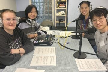 Four members of WHRO student advisory board record podcasts for the station’s new Algebra I course.