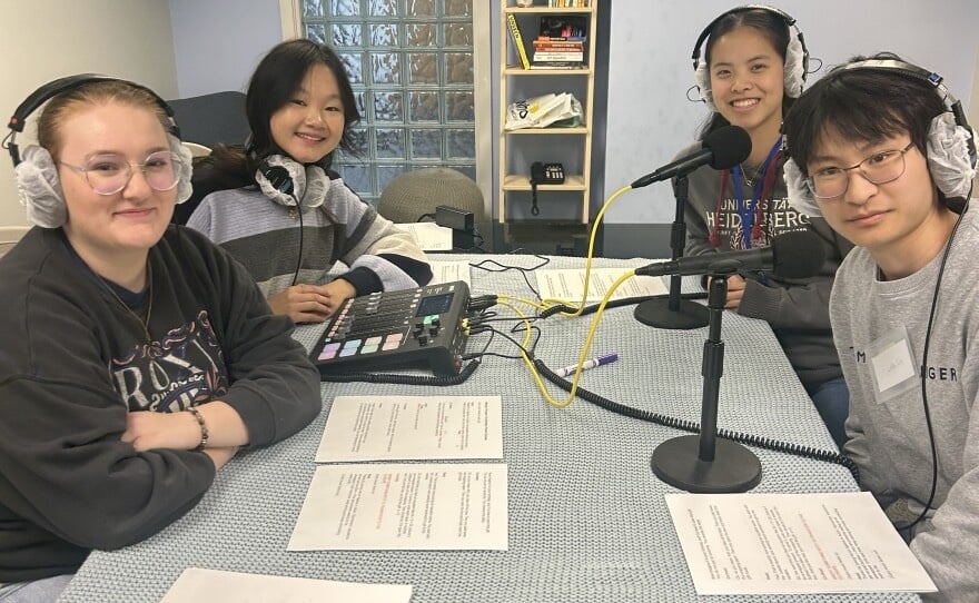 Four members of WHRO student advisory board record podcasts for the station’s new Algebra I course.