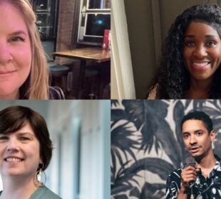 Composite image showing four photos arranged in a two-by-two grid. Top left: Jess Berg, a woman with long blond hair. smiles. Top right: Fieta Robinson, a woman with long curly hair and a flower tucked behind her ear, smiles while standing near a window with soft indoor light. Bottom left: Ann Alquist, a woman with short dark hair and large hoop earrings, smiles in a softly lit hallway or office interior. Bottom right: Bryant Denton holds a microphone while speaking onstage in front of a mural-like background.