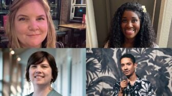 Composite image showing four photos arranged in a two-by-two grid. Top left: Jess Berg, a woman with long blond hair. smiles. Top right: Fieta Robinson, a woman with long curly hair and a flower tucked behind her ear, smiles while standing near a window with soft indoor light. Bottom left: Ann Alquist, a woman with short dark hair and large hoop earrings, smiles in a softly lit hallway or office interior. Bottom right: Bryant Denton holds a microphone while speaking onstage in front of a mural-like background.