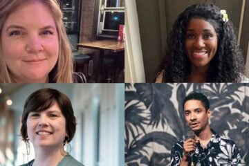 Composite image showing four photos arranged in a two-by-two grid. Top left: Jess Berg, a woman with long blond hair. smiles. Top right: Fieta Robinson, a woman with long curly hair and a flower tucked behind her ear, smiles while standing near a window with soft indoor light. Bottom left: Ann Alquist, a woman with short dark hair and large hoop earrings, smiles in a softly lit hallway or office interior. Bottom right: Bryant Denton holds a microphone while speaking onstage in front of a mural-like background.