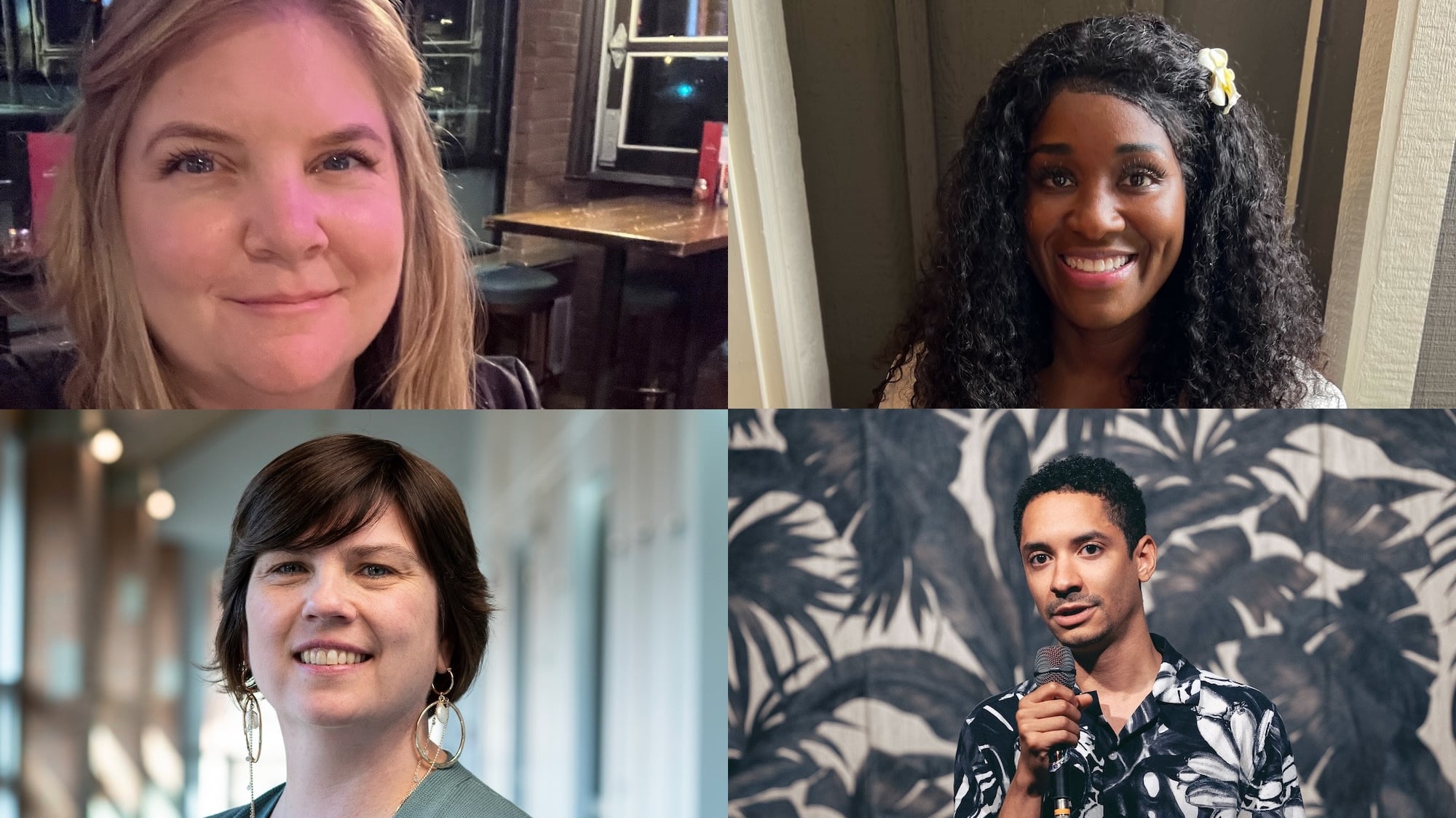 Composite image showing four photos arranged in a two-by-two grid. Top left: Jess Berg, a woman with long blond hair. smiles. Top right: Fieta Robinson, a woman with long curly hair and a flower tucked behind her ear, smiles while standing near a window with soft indoor light. Bottom left: Ann Alquist, a woman with short dark hair and large hoop earrings, smiles in a softly lit hallway or office interior. Bottom right: Bryant Denton holds a microphone while speaking onstage in front of a mural-like background.
