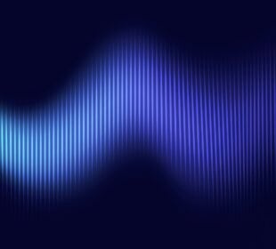 Abstract digital illustration of a glowing blue and purple audio waveform made of vertical lines against a dark background, suggesting sound transmission or digital audio signals.