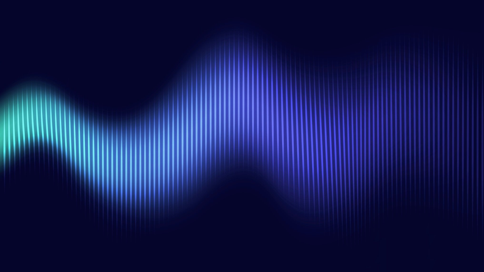 Abstract digital illustration of a glowing blue and purple audio waveform made of vertical lines against a dark background, suggesting sound transmission or digital audio signals.
