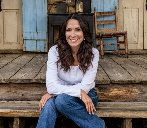 Karen LeBlanc sits on the wooden steps of a rustic porch, smiling at the camera with weathered doors and a rocking chair behind her.