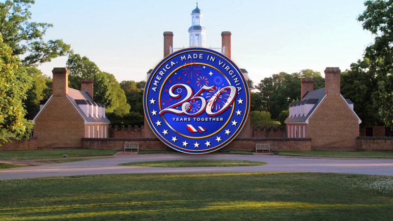 Promotional image for America Made in Virginia: 250 Years Together showing the Governor’s Palace in Colonial Williamsburg with the program’s 250th anniversary logo centered in the foreground.