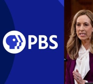 Split image showing the NJ PBS logo on a blue background at left and New Jersey Gov. Mikie Sherrill at right. She wears a purple blazer and white blouse, with a U.S. flag visible in the background.