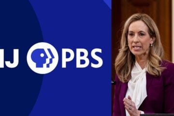 Split image showing the NJ PBS logo on a blue background at left and New Jersey Gov. Mikie Sherrill at right. She wears a purple blazer and white blouse, with a U.S. flag visible in the background.