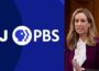 Split image showing the NJ PBS logo on a blue background at left and New Jersey Gov. Mikie Sherrill at right. She wears a purple blazer and white blouse, with a U.S. flag visible in the background.