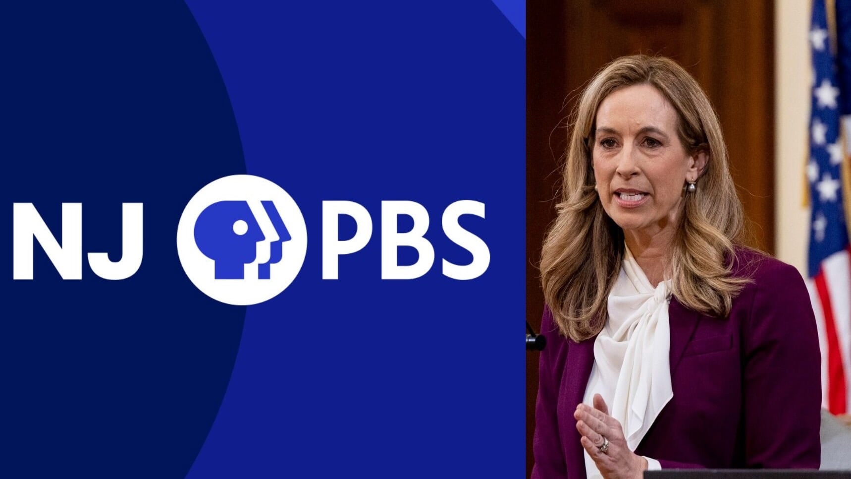 Split image showing the NJ PBS logo on a blue background at left and New Jersey Gov. Mikie Sherrill at right. She wears a purple blazer and white blouse, with a U.S. flag visible in the background.