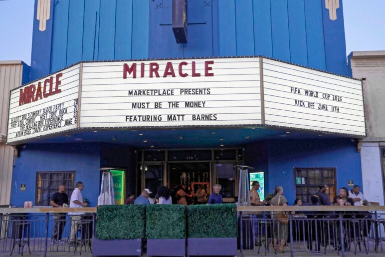 The blue facade of the Miracle Theater in Inglewood, California, with people gathered outside beneath the marquee announcing Marketplace’s Must Be the Money launch event featuring Matt Barnes.