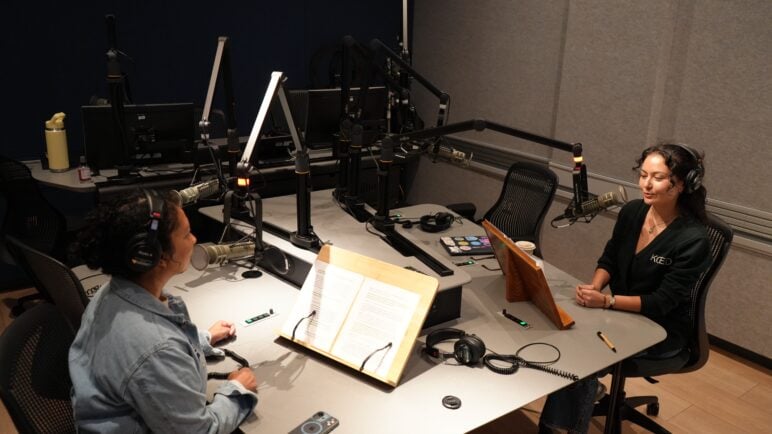 Jessica Fagen, left, and Almetria Vaba of KQED Education record the  “Podcasting Democracy” segment. (Photo: Jeanne Marie Acceturo)