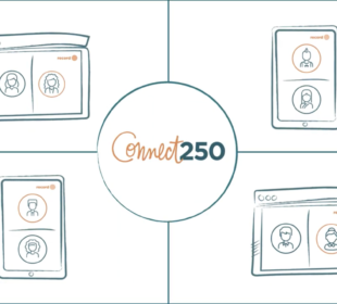 Illustration of the Connect250 logo surrounded by computers and smartphones showing pairs of people recording video conversations.