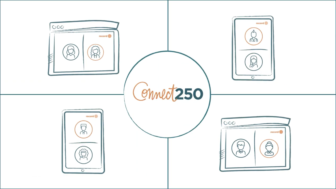 Illustration of the Connect250 logo surrounded by computers and smartphones showing pairs of people recording video conversations.