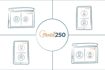 Illustration of the Connect250 logo surrounded by computers and smartphones showing pairs of people recording video conversations.