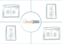 Illustration of the Connect250 logo surrounded by computers and smartphones showing pairs of people recording video conversations.