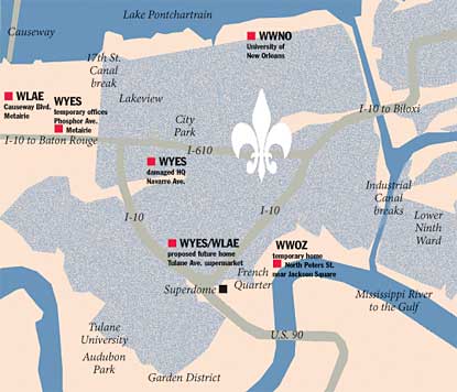New Orleans map showing locations of stations
