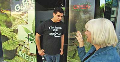 KCET reporter Judy Muller does interview for report on medical pot dispensaries in L.A.