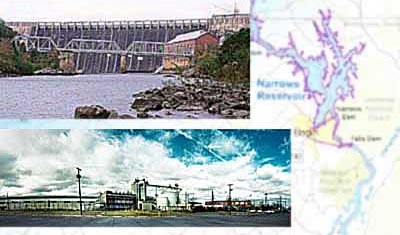 Alcoa's plant, one of its dams and a map of dammed Yadkin River, N.C.