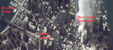 Aerial photo of lower Manhattan showing WTC site a few blocks from WNYC headquarters