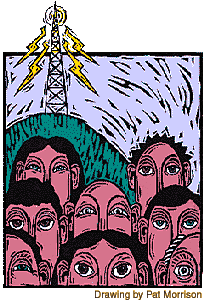 Charming illustration of people clustered in front of a radio tower