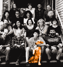Rabbit Ears staff arrayed on a big covered porch, with golden retriever