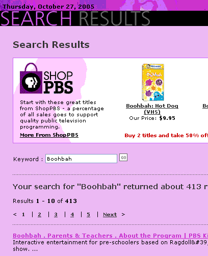 Ads for Boobah videos on PBS dot org web search